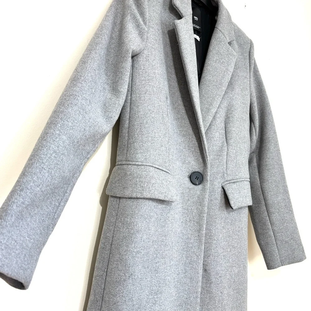 Mango MNG heather gray wool blend one button business classic tailored pea coat